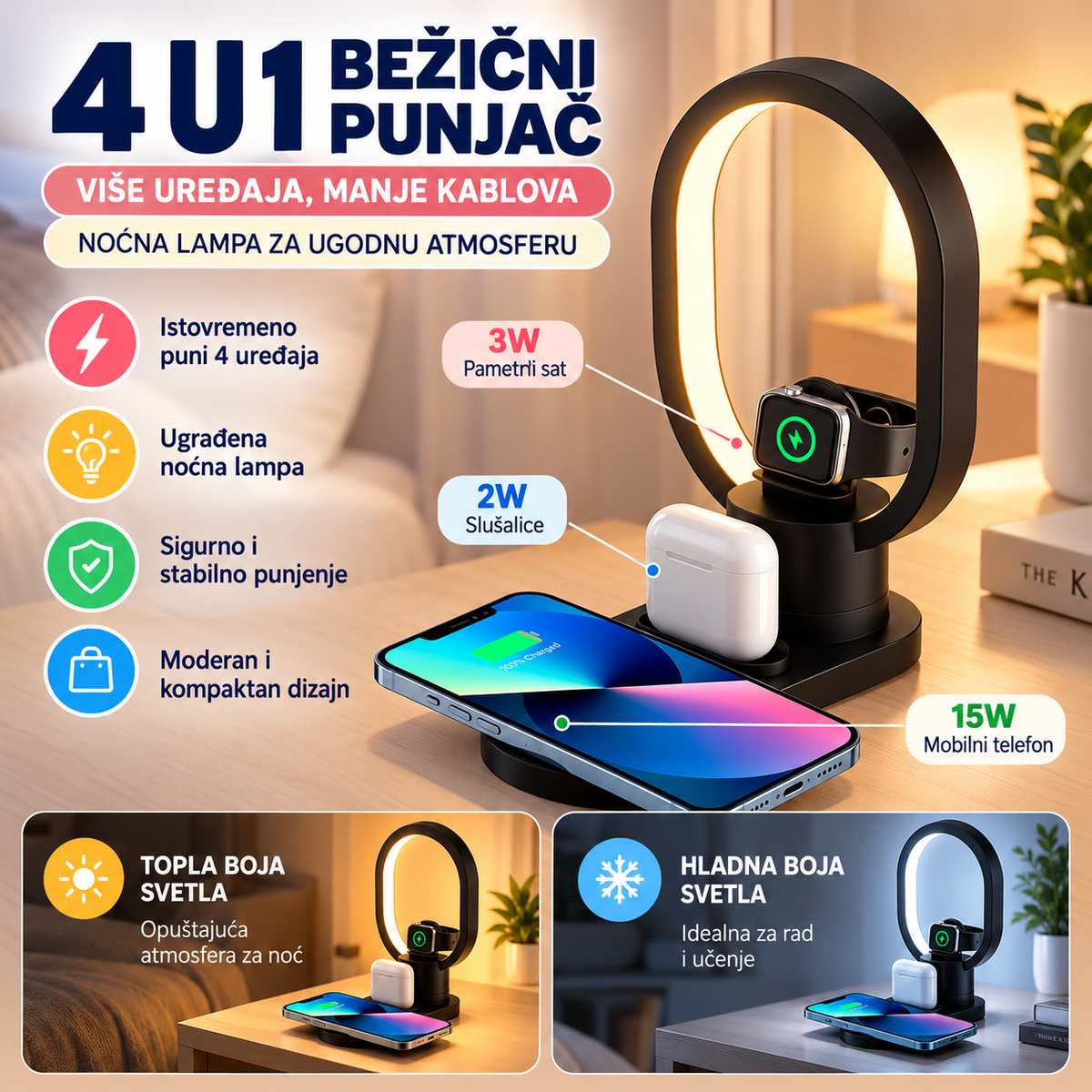 4 u 1 bežični punjač i noćna lampa