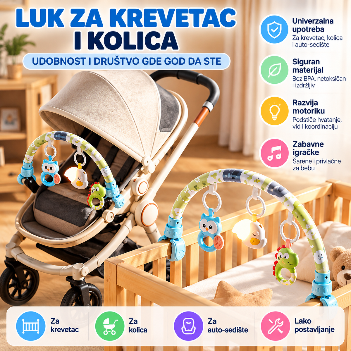 Luk sa igračkama za kolica i krevetac