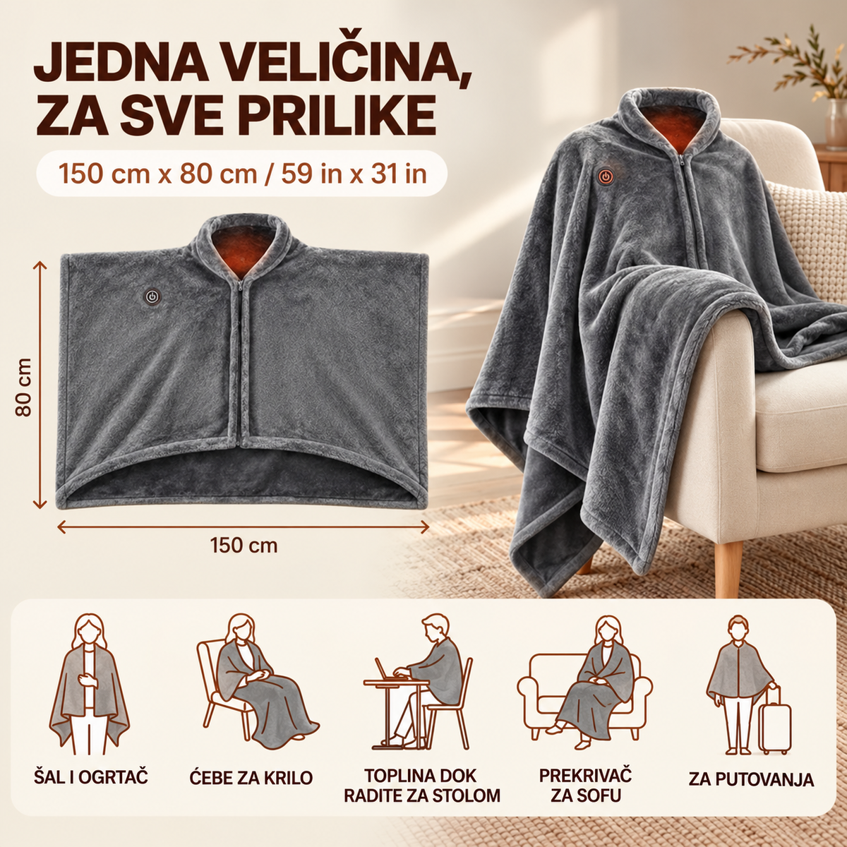 Ćebe sa grejačima i rajfešlusom