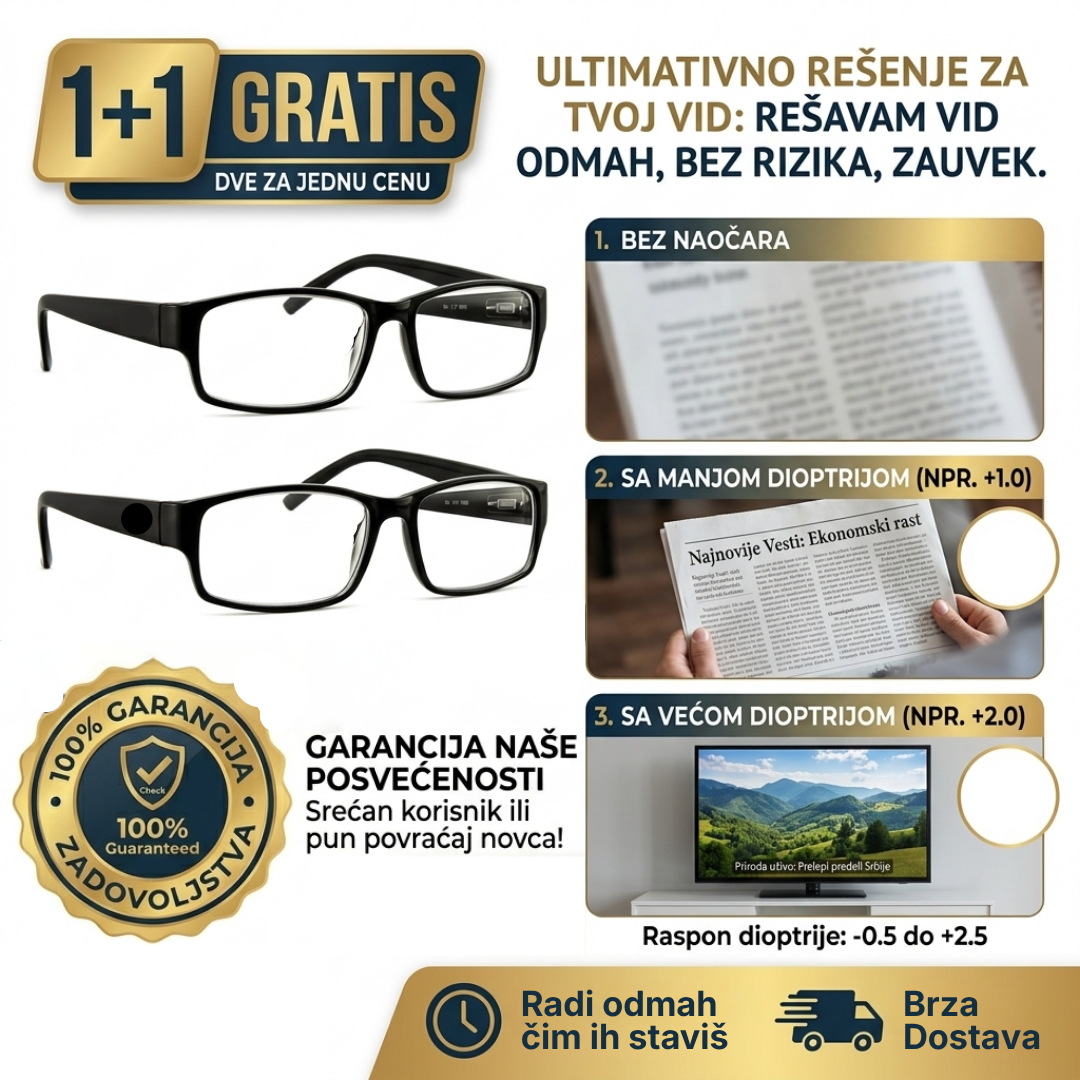 Naočare za čitanje sa podesivom dioptrijom 1+1 GRATIS (fleksibilni fokus od +0.5 do +2.5)